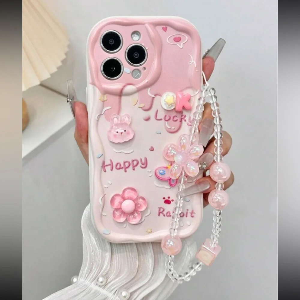 Cartoon Pattern Painted Oil TextureWave Edged Protective Case With Chain
